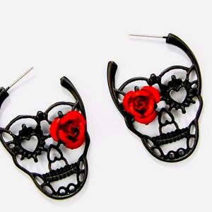 New - *Halloween* - Exquisite Black Hollow Out Carved Red Rose Skull Earrings